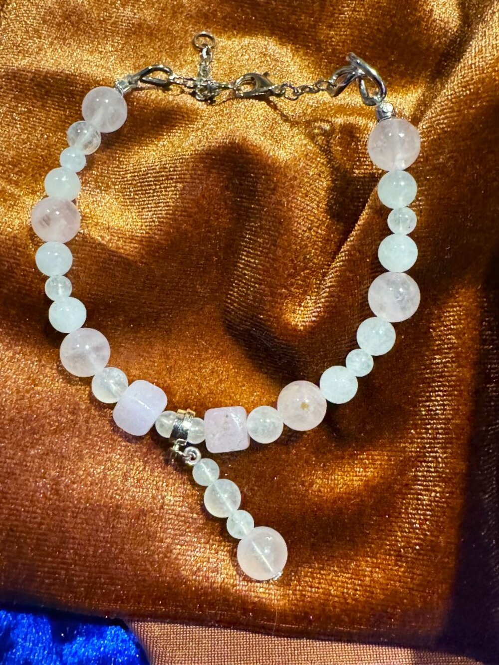 Pink Quartz w/ White Jade Bracelet Round & Square Stone 8" + 1" Adjuster
